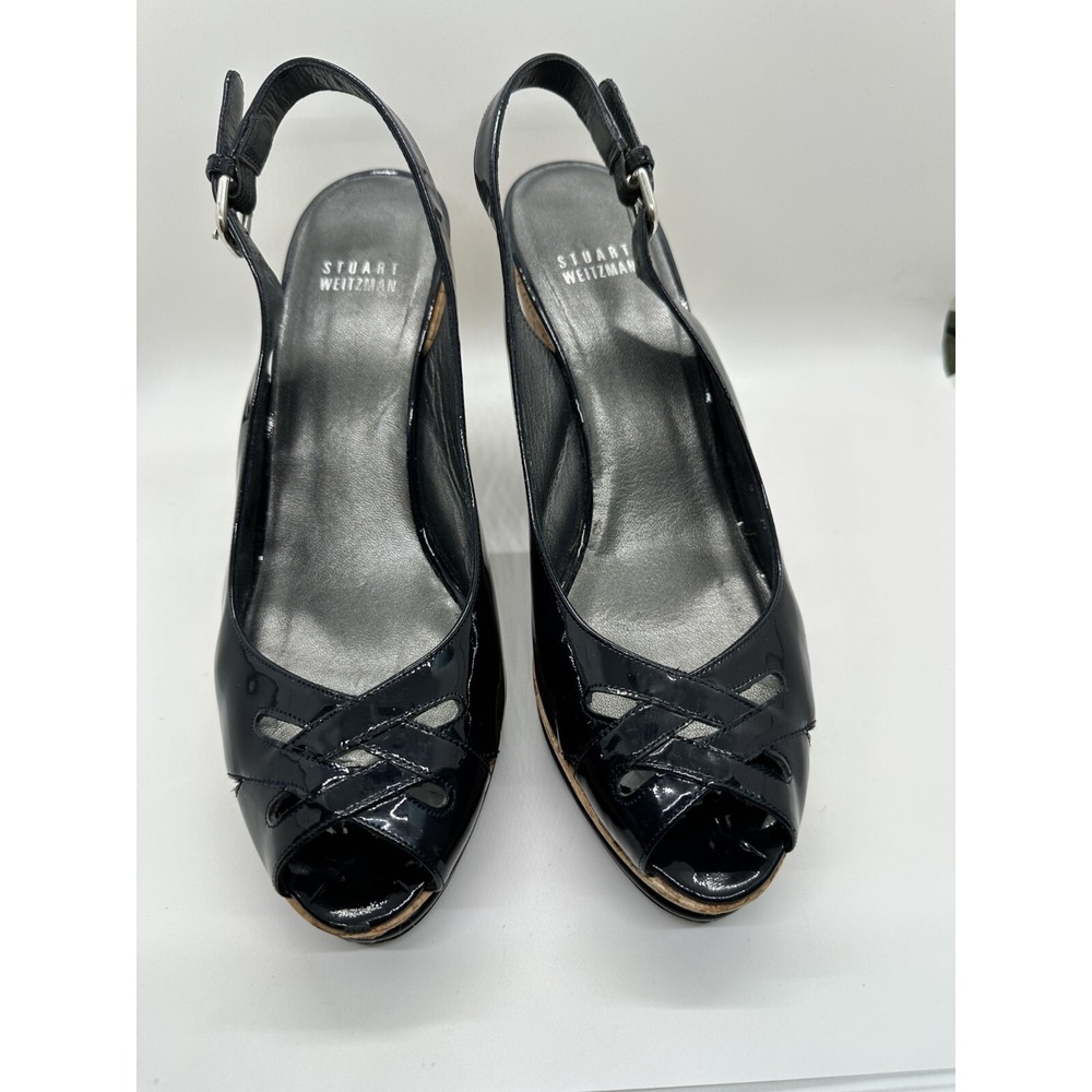 Stuart Weitzman‎ Dolunch Patent Leather Espadrille Wedge Heel Sandals Black 9M
